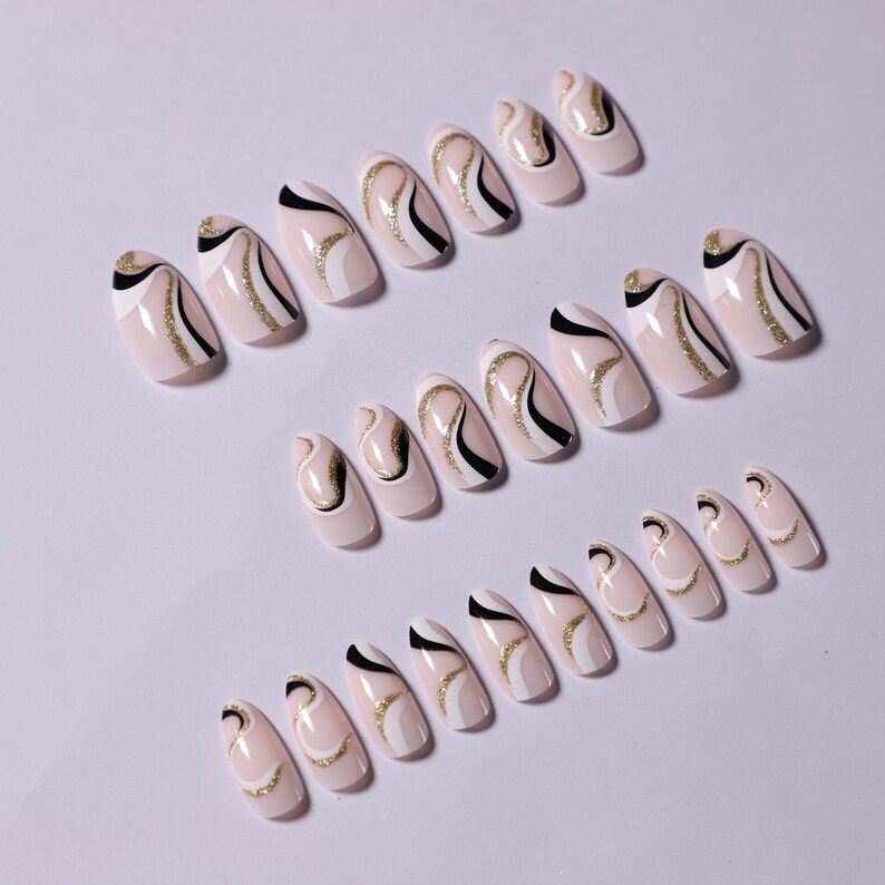 24pcs Chic Glitter Swirl Press On Nails Press On Nails Short Nail Press On Fake Nails Almond Press On Nails Press On Nails Short Almond image 3