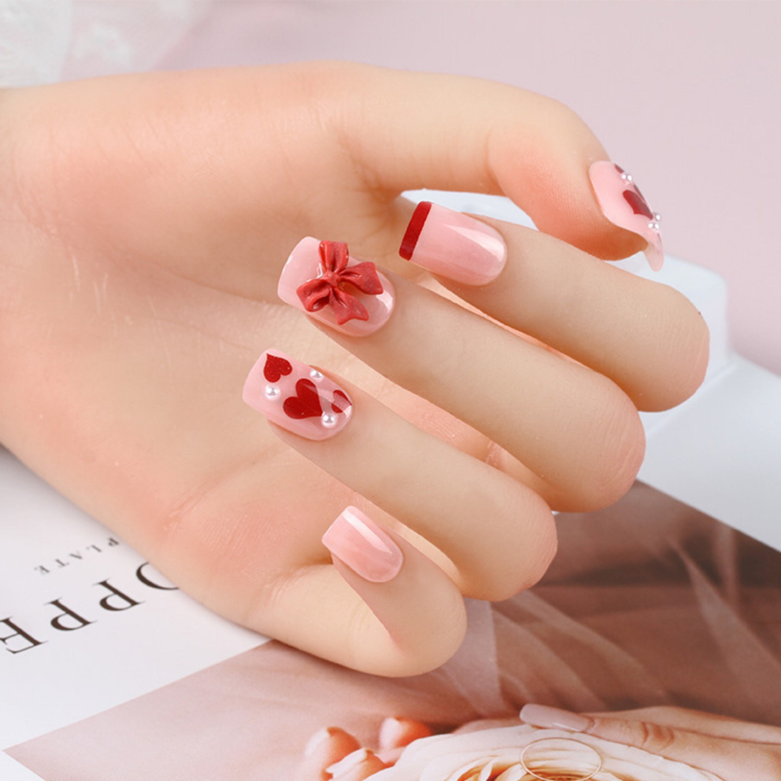 Acrylic Short Nails with 3D Pearl Magic