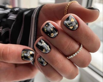 Black Marble with Gold Foil Flakes Short Square Press On Nails| Press On Nails Short| Square Press On Nails| Short Nails Square| Black Nails