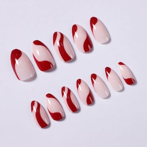 24 pcs Swirl Red Nail Press On Press On Nail Almond Press On Nail Press On Nail Short Almond Fake Nail Glue On Nails Gifts For Her image 2