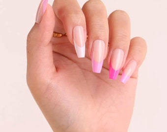 30 piezas de uñas de punta francesa rosa, uñas de presión rosa, pegamento en las uñas, uñas postizas, uñas de punta francesa, ataúd, uñas rosas