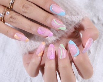 24pcs Colorful Swirl Press On Nails| Press On Nails Short| Nails Press On|Nail| Fake Nail| Almond Press On Nail| Press On Nails Short Almond