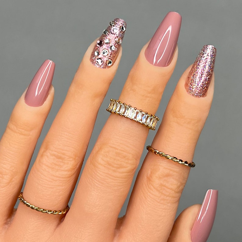 Mauve Press On Nails With Rhinestones and Glitter Press On Nails Fake Nails False Nails Glue On Nails image 3