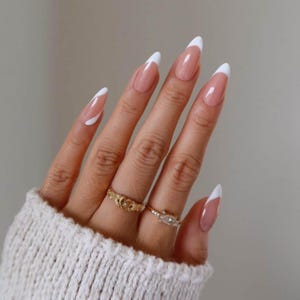Pink and White French Tip Press On Nails With Swirl Accent Nail| Medium Almond Press On Nails | Fake Nails Set | Glue On Nails | Short Nails