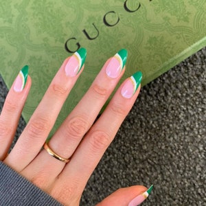 24 pcs Green French Press On Nails| Press On Nail| Nail Press On| Almond Press On Nail| Nail Press On |Short Nail| Fake Nail| Glue On Nail