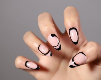 24pcs Black Abstract French Design Press On Nails| Press On Nail Short| Nail Press On| Fake Nail| Almond Press On Nail| Press On Nail Almond