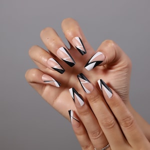 24pcs Black & White Design Coffin Press On Nails| Long Fake Nails| Coffin Nails Press On| Matte Press On Nails| Luxury Nails| Fake Nails Set