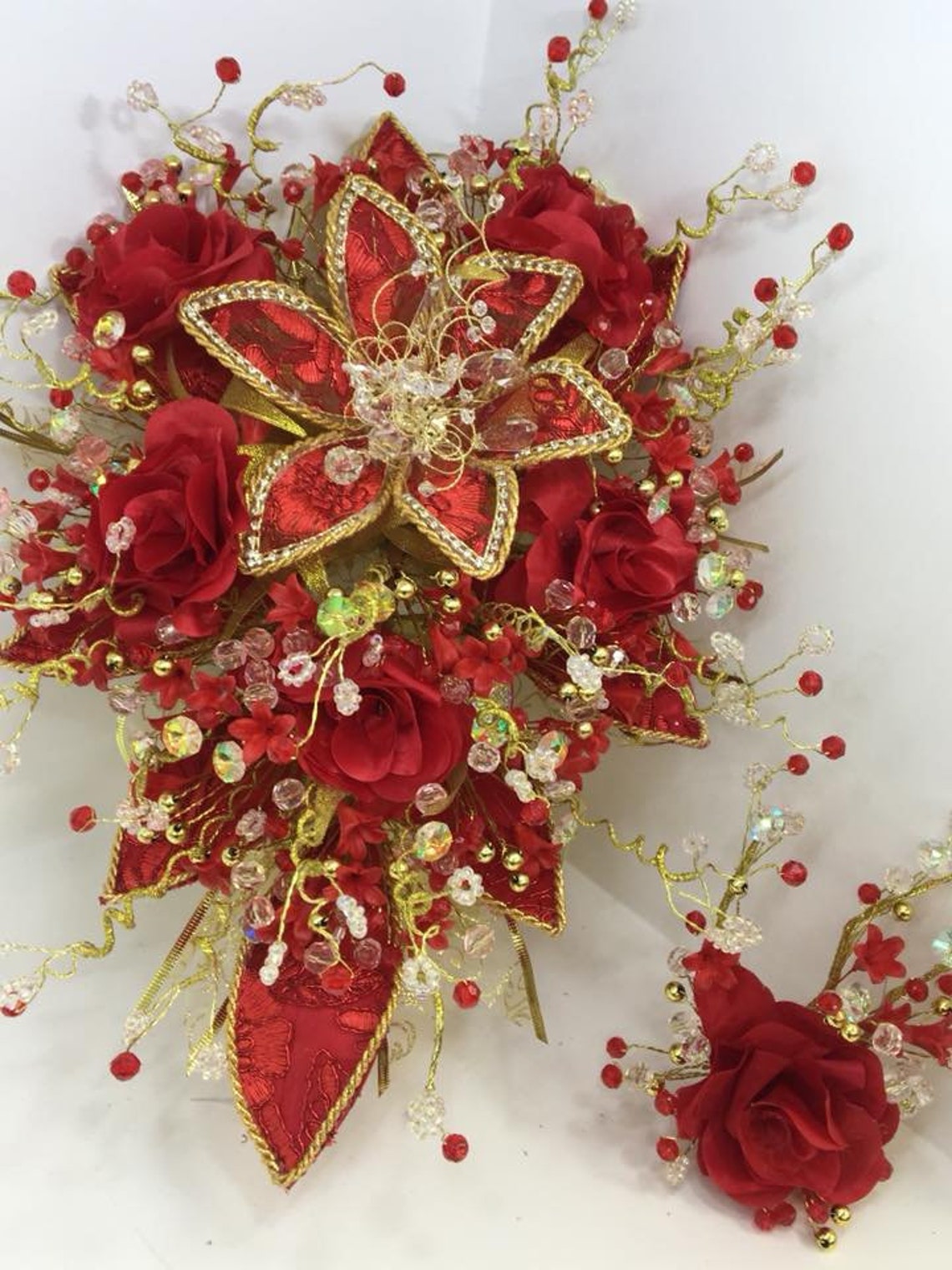 Red Quinceanera Rose Flower Bouquet Embellished with Crystals Etsy