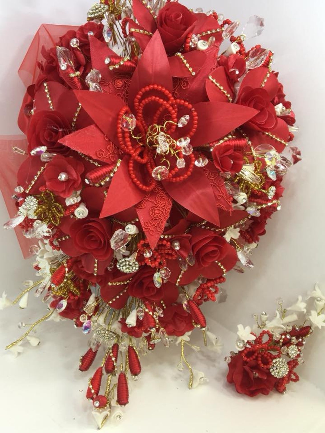 Red Quinceanera Rose Flower Bouquet Embellished with Crystals Etsy
