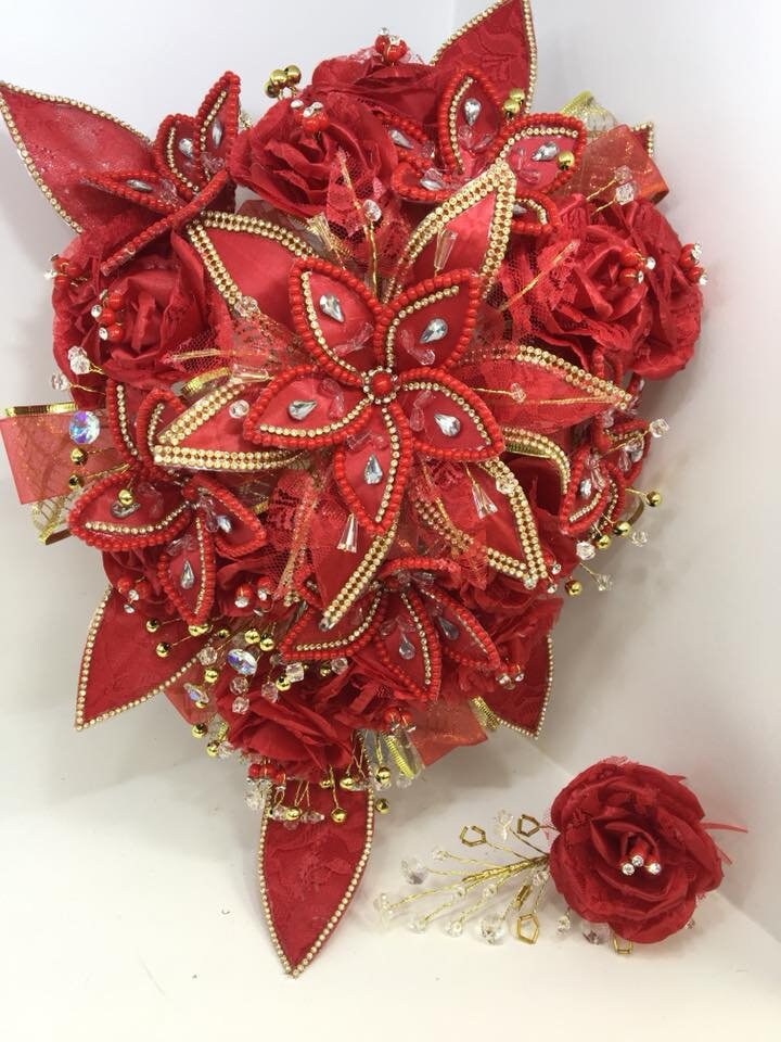 Red Quinceanera Rose Flower Bouquet Embellished with Crystals Etsy