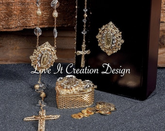 Set de Rosario, Arras y Lazo/Set of Rosary, Arras and Beautiful Wedding Lasso and Matching Rosary and Arras P44-JL220