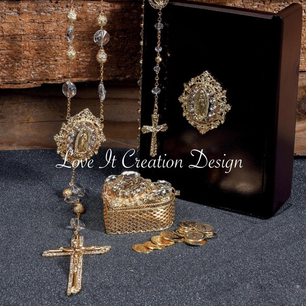 Set de Rosario, Arras y Lazo/Set of Rosary, Arras and Beautiful Wedding Lasso and Matching Rosary and Arras P44-JL220