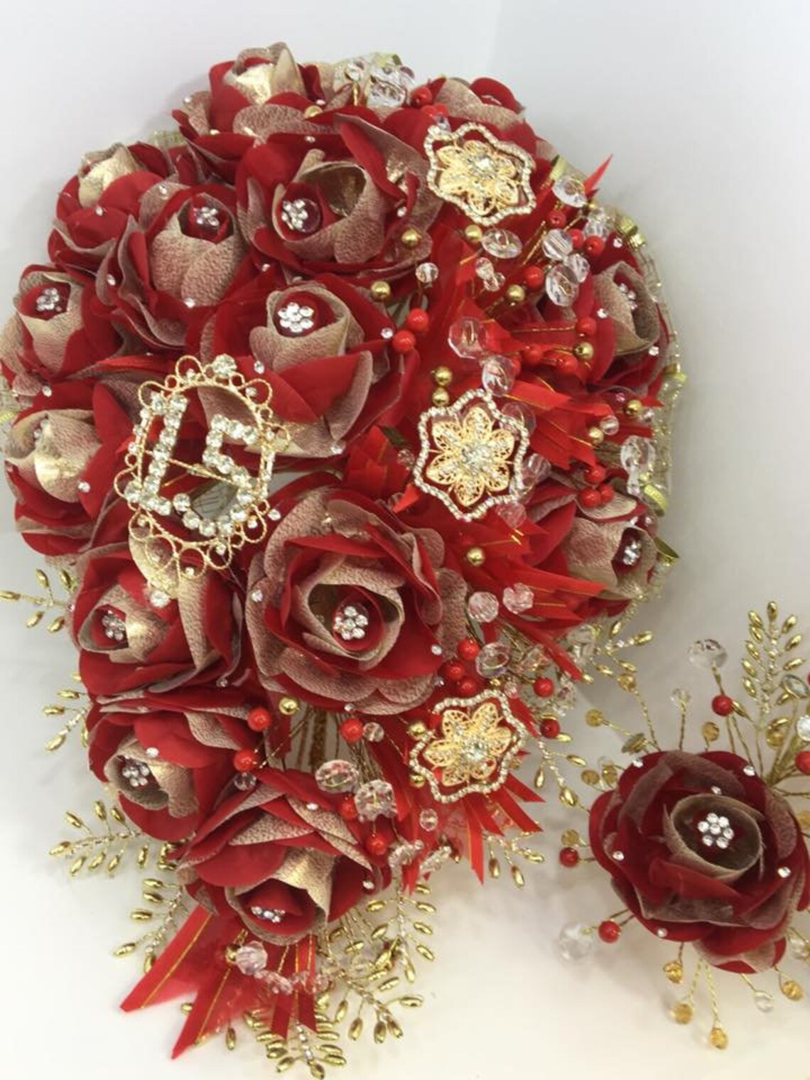 Red Quinceanera Rose Flower Bouquet Embellished with Crystals Etsy