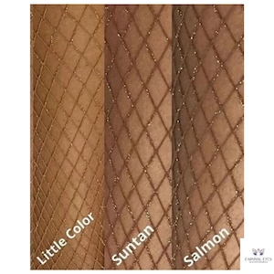 May include: Close-up of three sections of fishnet stockings in varying shades of brown. The sections are labeled "Little Color", "Suntan", and "Salmon". The fishnet has a diamond pattern with a subtle shimmer. The Carnival Eyes logo is in the bottom right corner.