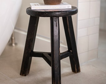 Vintage Elm Wood Round Stool Black