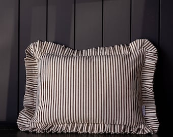 Ruffle Frill Lumbar Pillow Cover Brown White Stripes