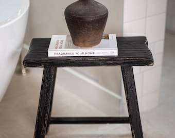 Vintage Square Elm Wood Stool Black