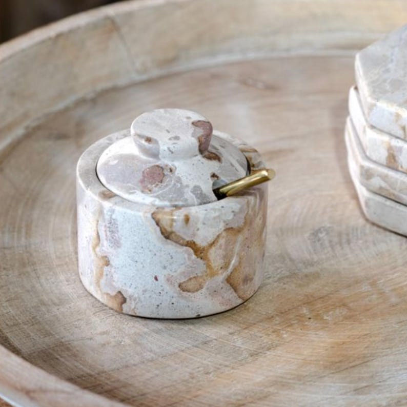 Beige Marble Salt Cellar With Spoon