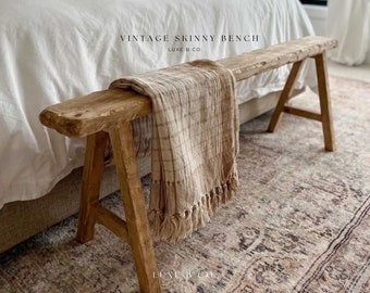 Skinny Bench Vintage Wooden Stool Old Chinese Elm Wood Antique Weathered Reclaimed Wood Entryway Bench Bedroom Bench Foot of Bed Bench.