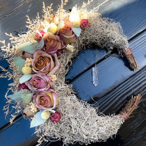 Crescent Moon Wreath | Crystal Wreath | Preserved Roses | Quartz Crystal | Crystal Spellcatcher | Dreamcatcher | Floral Wreath |