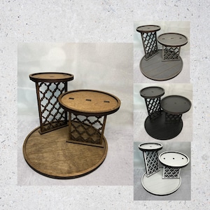 Three tiered tray, round stand with shiplap and lattice detail, perfect for small signs, seasonal decor, 4 finish options