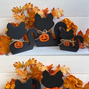 Black cat wooden shelf sitter 3 sizes, orange satin bow or jute tie with jack o lantern tag Halloween decor, tiered tray, mantel, bookshelf