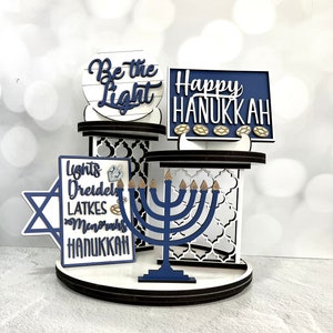 Hanukkah tiered tray decor, menorah, dreidel, Star of David, Be the Light signs, hand painted