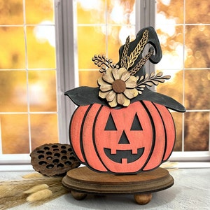 Fall Jack o Lantern pumpkin with witch hat, harvest flowers, shelf sitter autumn decor, hand painted wood