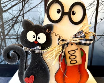 Halloween Shelf Sitter Decor | Ghost Black Cat Pumpkin Boo Sign | Rustic Farmhouse Halloween Decor |