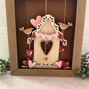 Valentine Birdhouse Shadow Box Insert | Love Birds & Hearts | Farmhouse Decor | Interchangeable Seasonal Decor