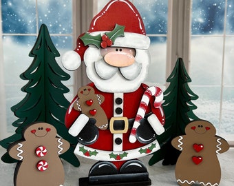 Holly Santa hand painted shelf sitter holding gingerbread man and candy cane, Christmas mantel decor