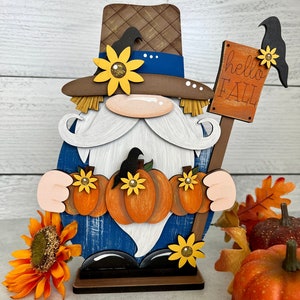 Fall Scarecrow Gnome shelf sitter, autumn farmhouse decor, pumpkins, crows, sunflowers, hand painted