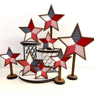 Patriotic Farmhouse Standing Stars - Pieced Design, Shelf Sitter, 5 Sizes - Handcrafted Wooden Stars with Slotted Base