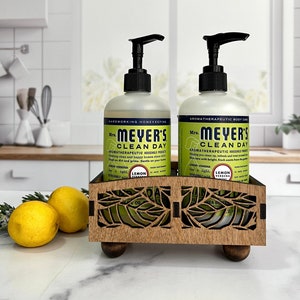 Wooden Sink Caddy – Divided Soap & Lotion Tray – 8 Finishes – Kitchen or Bathroom Organizer with Leaf Cutout Design