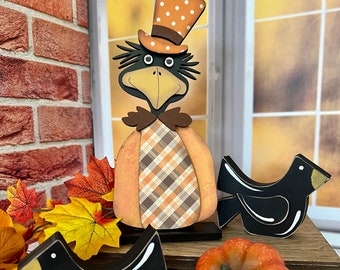 Primitive gentleman crow shelf sitter, fall, Halloween decor, hand painted