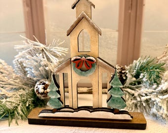 Country Church Shadowbox Insert  with Freestanding Base Options