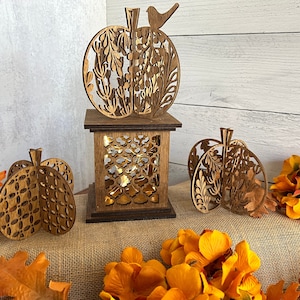 Laser cut fancy fall 3D pumpkin shelf sitter, stained birch, 3 styles/sizes, fall mantel decor