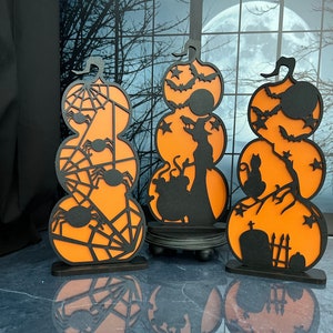 Halloween Stacked Pumpkin with Silhouette Overlay | Shelf Sitter, Laser Cut Wood Decor