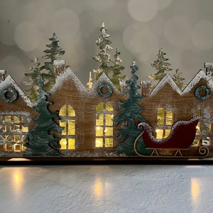 Winter village scene, 3D laser cut wood, hand painted, Christmas mantel decor, snowy village with vintage style sleigh