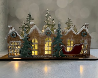 Winter village scene, 3D laser cut wood, hand painted, Christmas mantel decor, snowy village