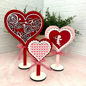 Standing hearts Valentine&#39;s Day decor, laser cut hand painted decorative shelf sitter in 3 sizes available individually or as a set