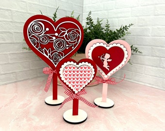 Standing hearts Valentine's Day decor, laser cut hand painted decorative shelf sitter in 3 sizes available individually or as a set