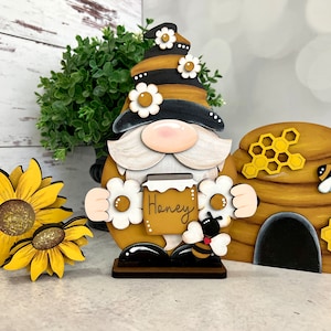 Honey Bee Gnome Shelf Sitter - Hand-Painted Wooden Gnome - Summertime or Fall Decor - 3D Effect