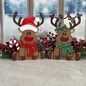 Reindeer shelf decor, reindeer couple, hand painted wood Christmas mantel, tiered tray