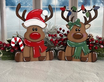 Reindeer shelf decor, reindeer couple, hand painted wood or DIY blanks, Christmas mantel, tiered tray