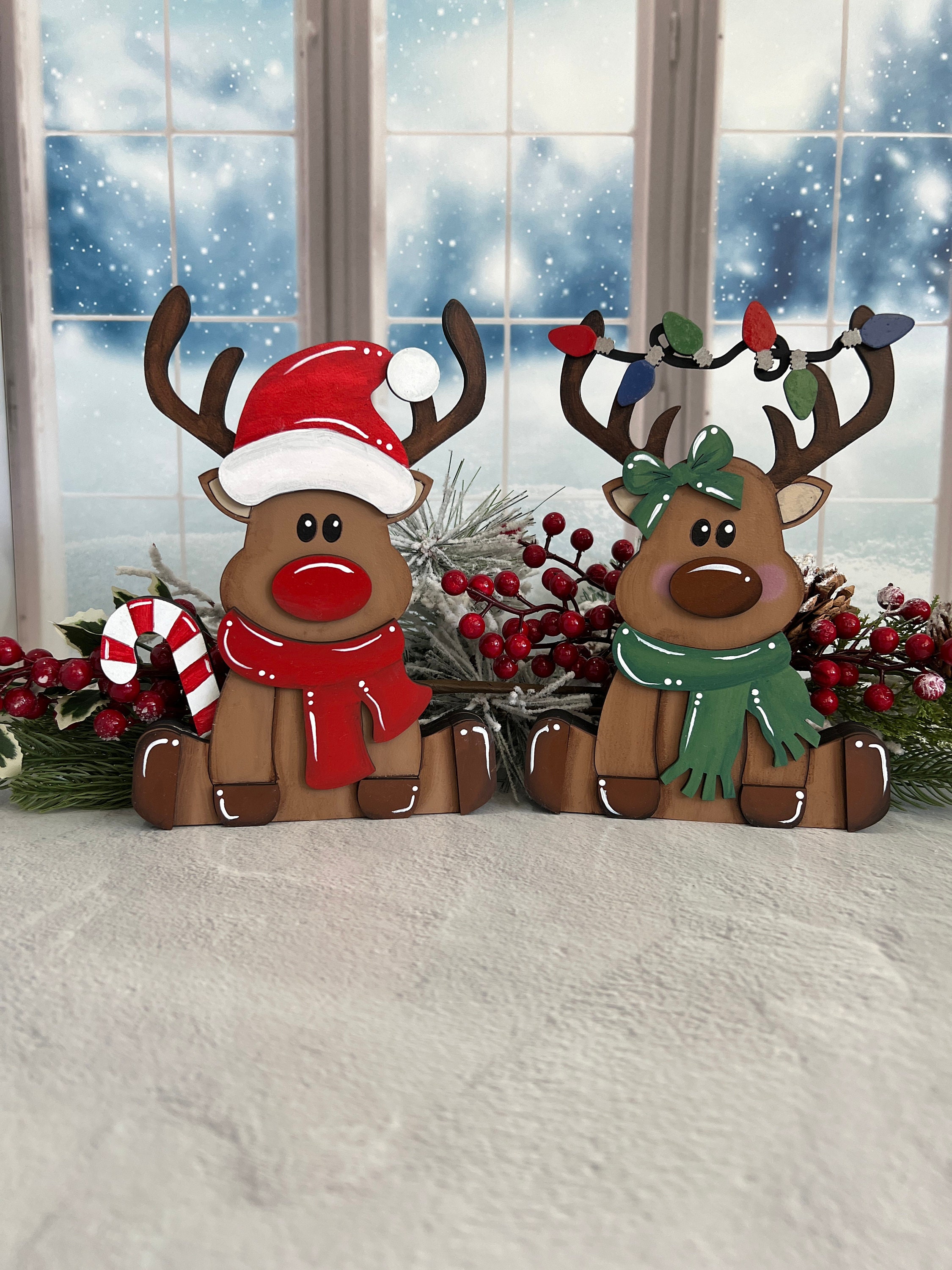 Reindeer shelf decor, reindeer couple, hand painted Christmas mantel, tiered tray