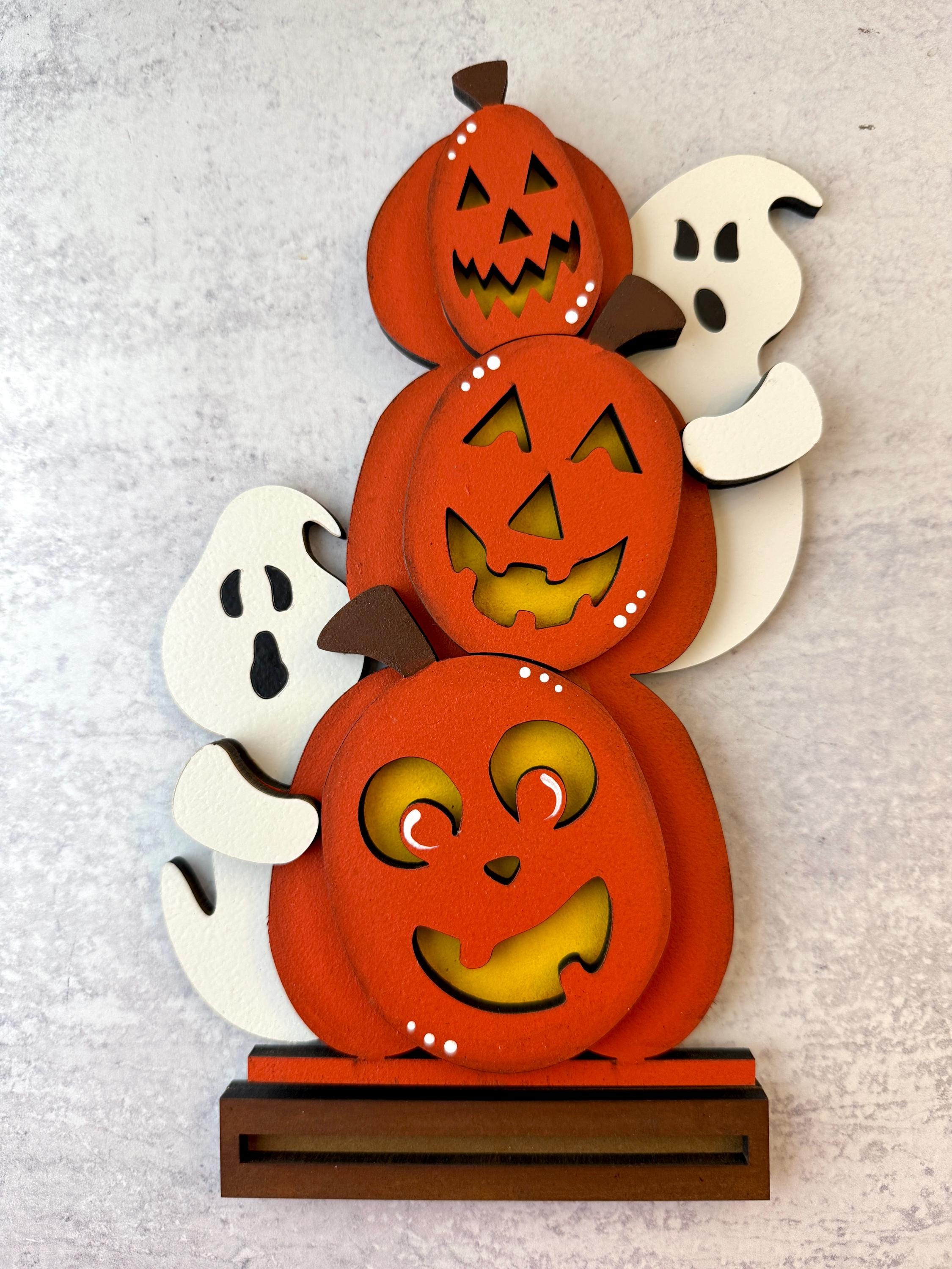 Stacked Jack O' Lantern Pumpkins and Ghosts Shelf Sitter for Halloween ...