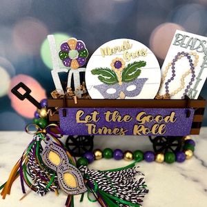 Mardi Gras wagon decor, interchangeable insert, mini shiplap sign, beads bling, Love, king cake, handpainted or unfinished for DIY