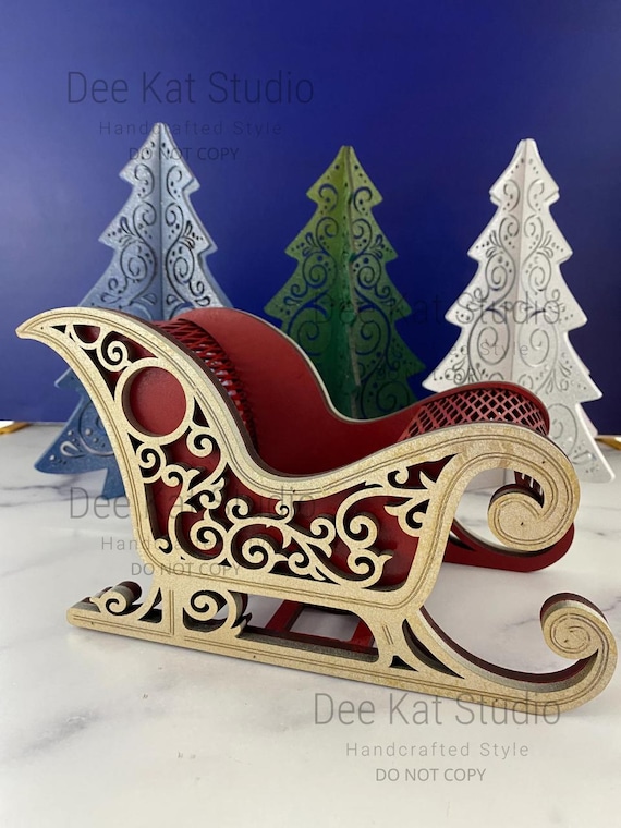 Miniature sleigh for home decor, stained, gold or red and gold, Christmas centerpiece, mantel, gift presentation