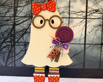 Gertie Ghost Halloween Shelf Sitter | Hand Painted Girl Ghost Decor